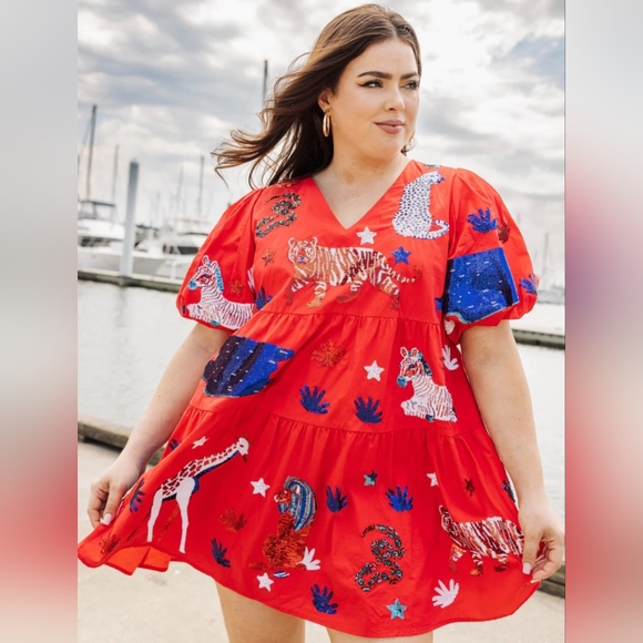 QUEEN OF SPARKLES Dresses & Skirts - Red, White, and Blue Animal Poof Sleeve Dress